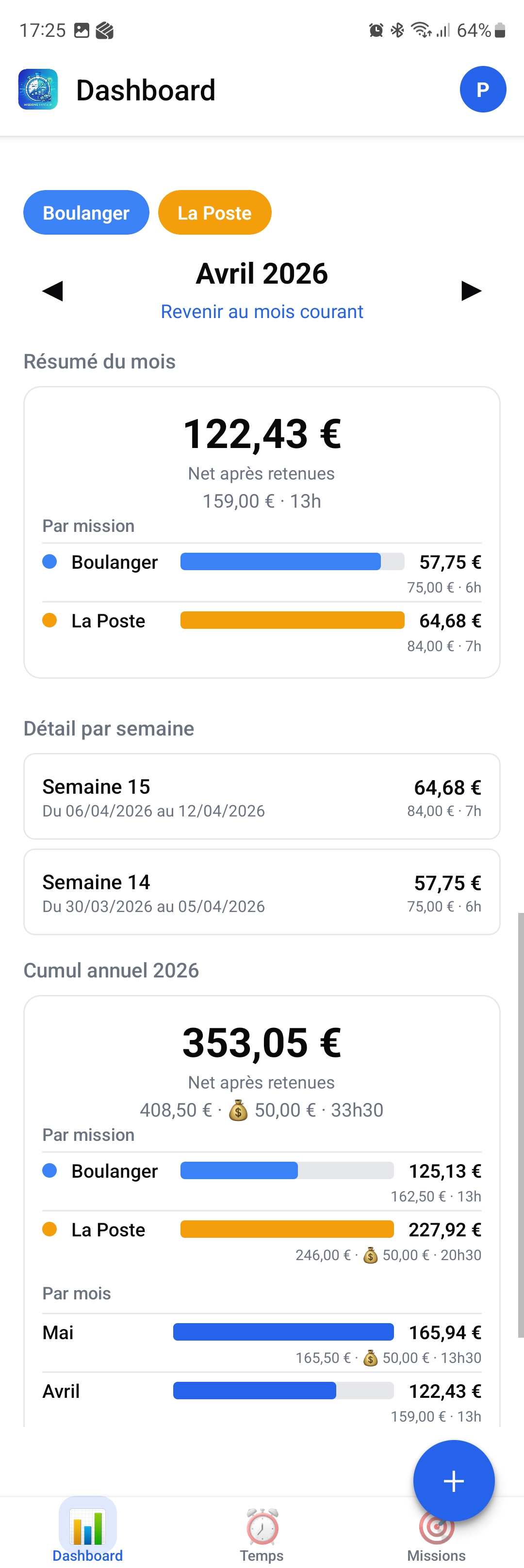 MissionsTracker - Écran d'accueil avec tableau de bord mensuel